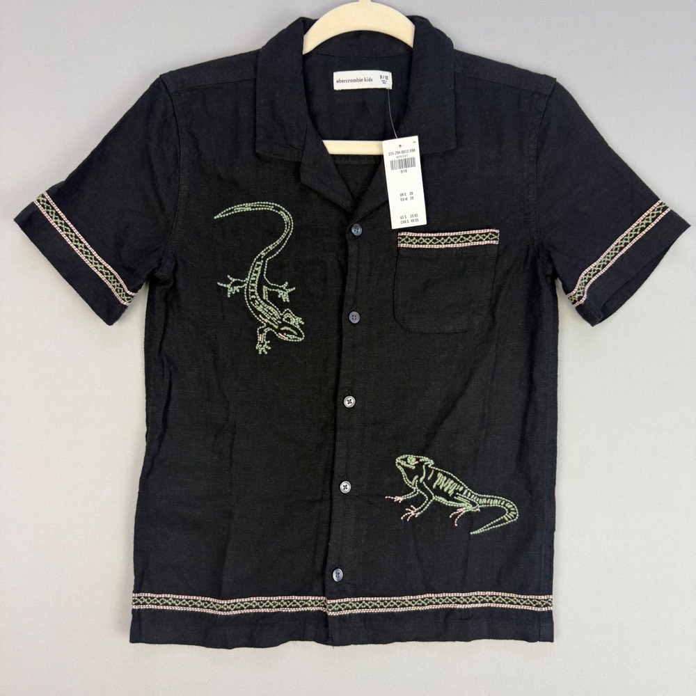 NWT Abercrombie Kids Embroidered Lizard Gecko Linen Blend Camp Shirt Boys 9/10